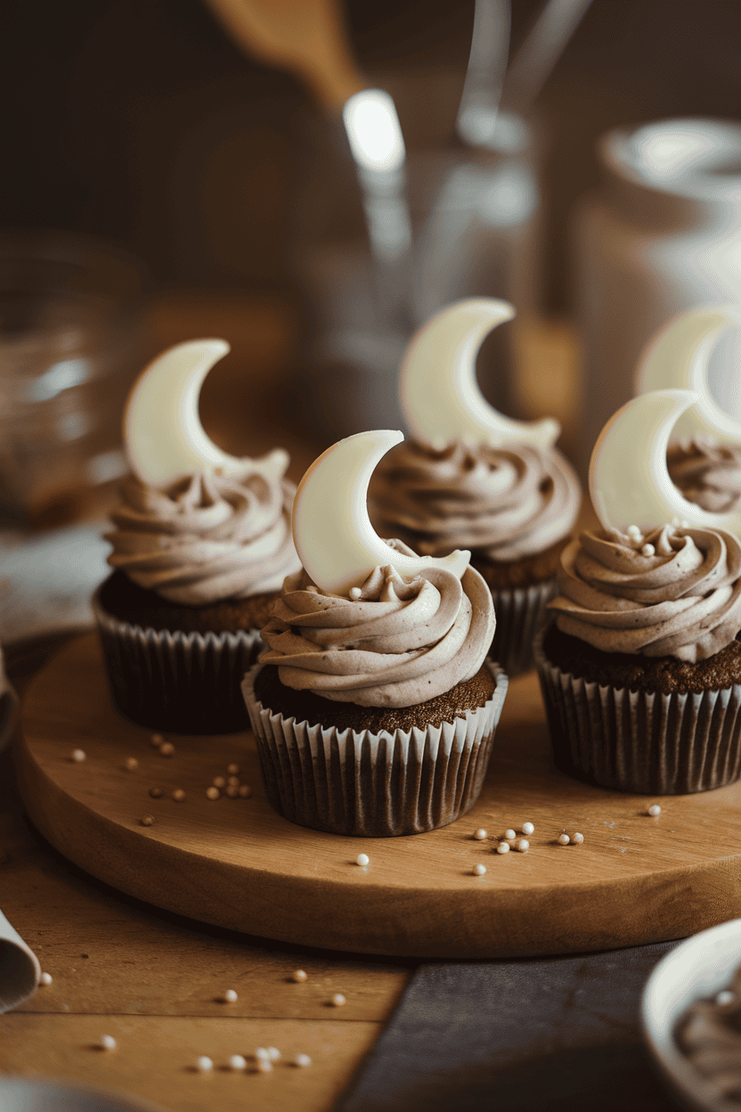 Warm indoor photo of mocha cupcakes topped with pale gray espresso frosting and a white chocolate crescent moon insert; no text or logos