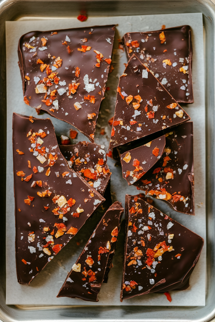 Photo of dark chocolate bark flecked with red chili flakes and ghost pepper salt, broken into pieces on an indoor tray, no logos or text.