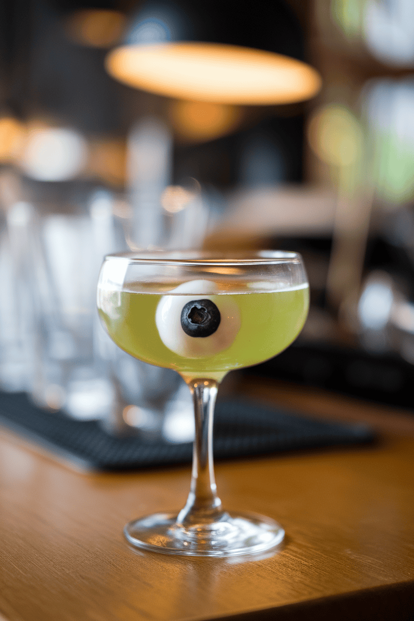 Indoor bar close-up of a coupe glass with vivid chartreuse cocktail, single lychee “eyeball” stuffed with blueberry in center; no text or logos, photo.
