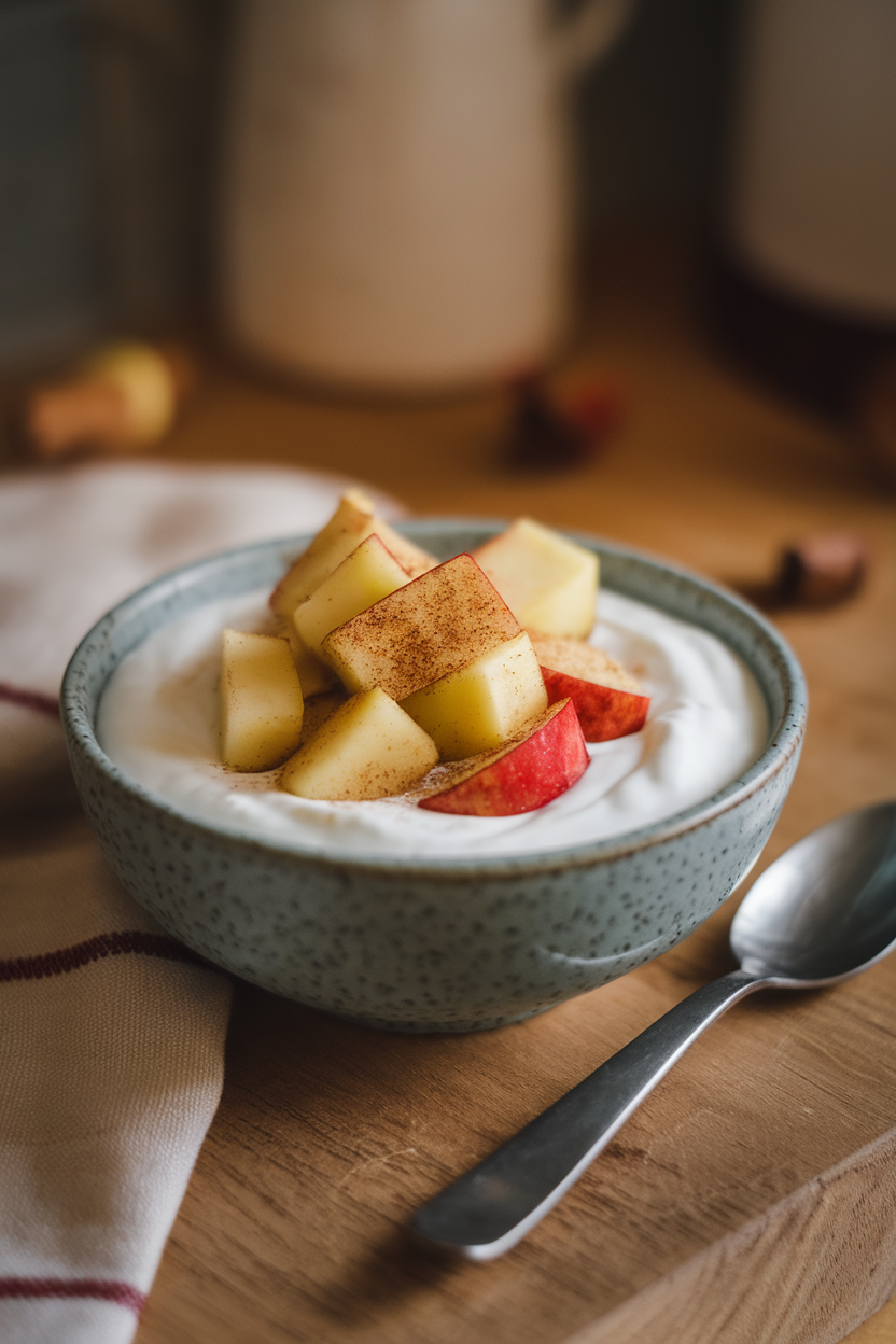 Photo of a bowl of Greek yogurt topped with warm cinnamon-roasted apple cubes, photographed indoors with cozy lighting. No text or logos visible.