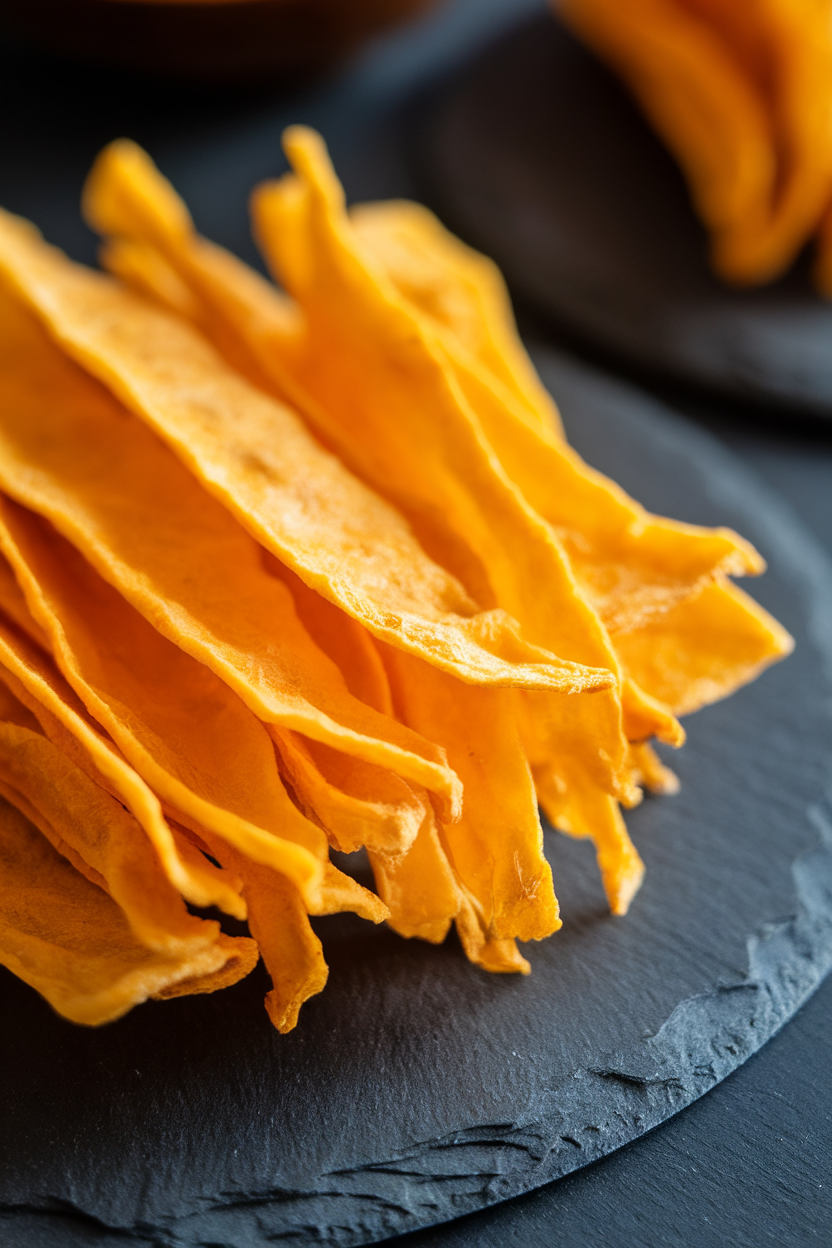 Indoor close-up of vibrant orange dried mango strips neatly stacked on a slate plate, fiber strands visible. No text or logos.