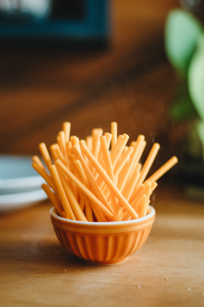 Indoor photo of individually wrapped string cheese sticks piled in a small orange bowl, subtle condensation visible. No text or logos.