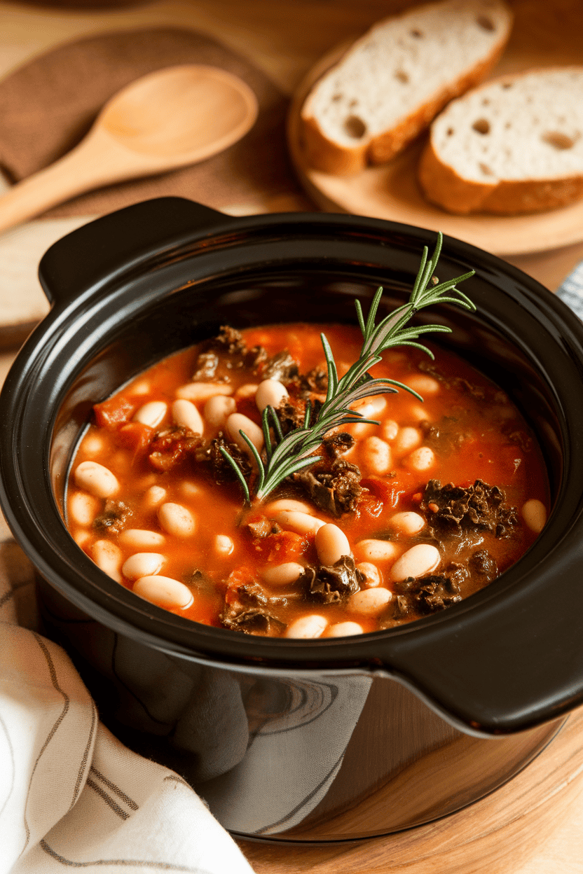 Cozy indoor crock filled with white bean and kale stew in a light tomato broth, rosemary sprig on top. No text or logos. Photo, not illustration.