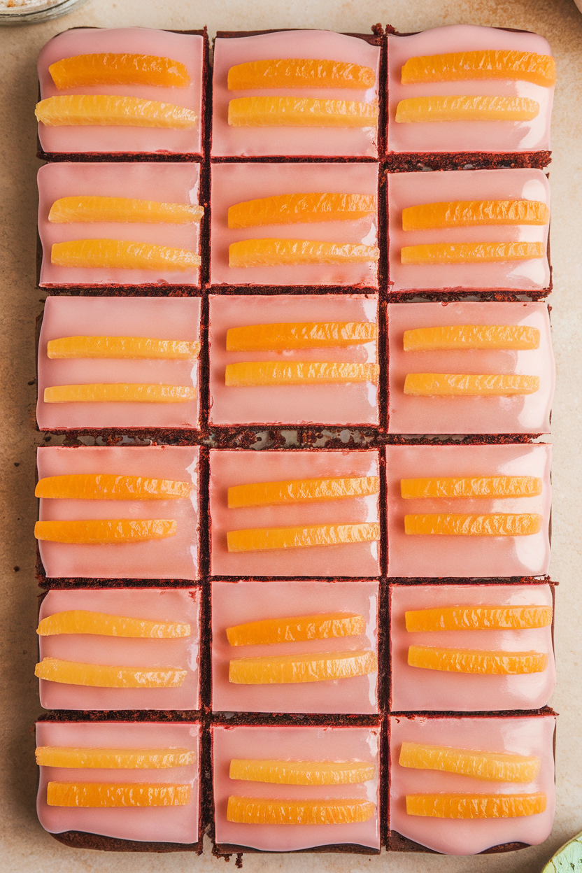 Indoor photo of brownies glazed with pale pink grapefruit icing and garnished with candied peel “sunset” stripes; no text or logos