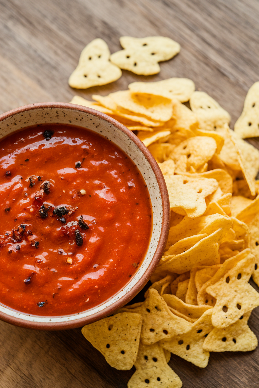 Indoor ceramic bowl of bright red salsa flecked with charred pepper bits, tiny ghost-shaped tortilla chips alongside. Photo, no text or logos.