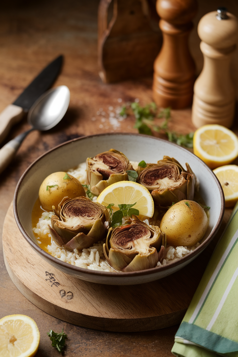 Warm indoor image of braised artichoke quarters and baby potatoes in lemon broth over rice. No logos or text.