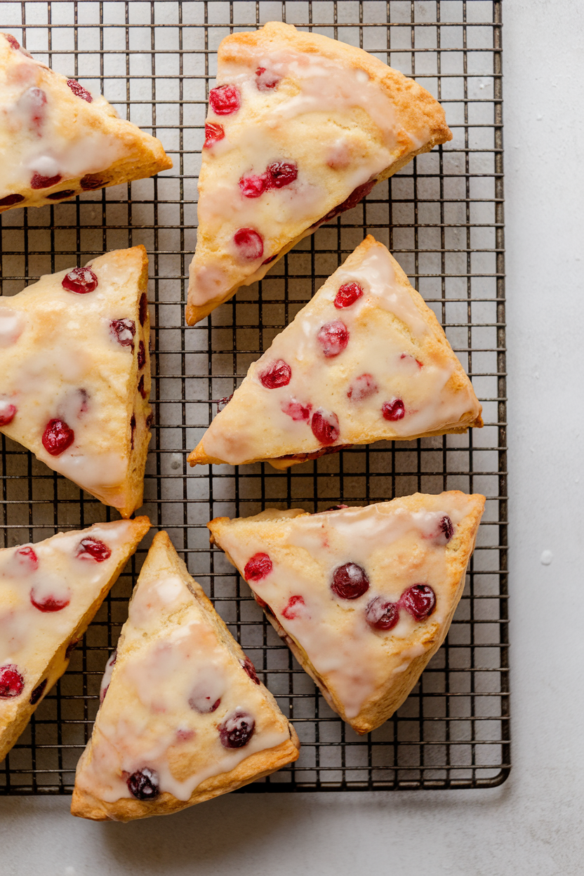 Indoor photo of triangular cranberry orange scones on a cooling rack with a light glaze; no text or logos.