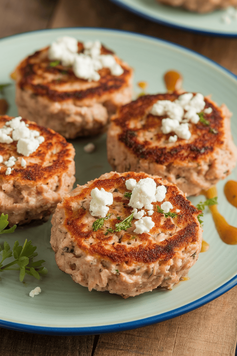 Photo of three small turkey patties with visible feta crumbles on a plate indoors, no text or logos.