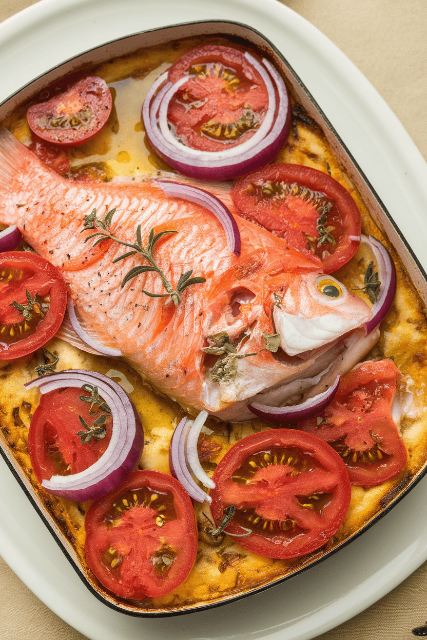 Indoor casserole showcasing red snapper fillets baked with sliced tomatoes, red onion, and oregano, olive oil glistening. Photo only, no logos or text.