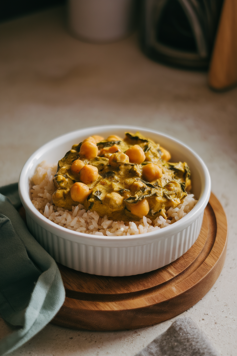 Photo, indoor countertop with a container of creamy chickpea spinach curry served over brown basmati rice; no text or logos.