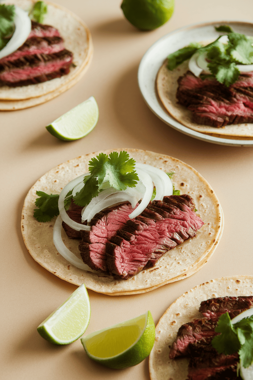 Indoor dining table with warm corn tortillas filled with sliced grilled flank steak, onion, cilantro, and lime wedges on the side. No text or logos present. Photo, not illustration.