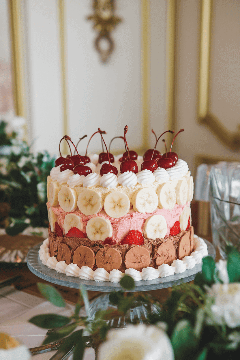 An indoor dessert station with an ice cream cake layered with banana, strawberry, and chocolate ice creams, whipped cream border, and maraschino cherries on top. No text or logos. Photo only.