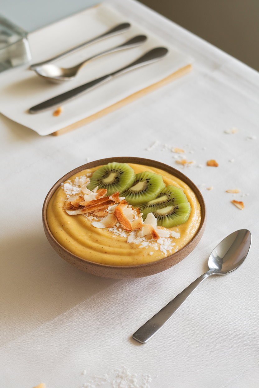 An indoor table scene with a wide shallow bowl of thick yellow smoothie topped with toasted coconut flakes and kiwi. Photo only, no text or logos.