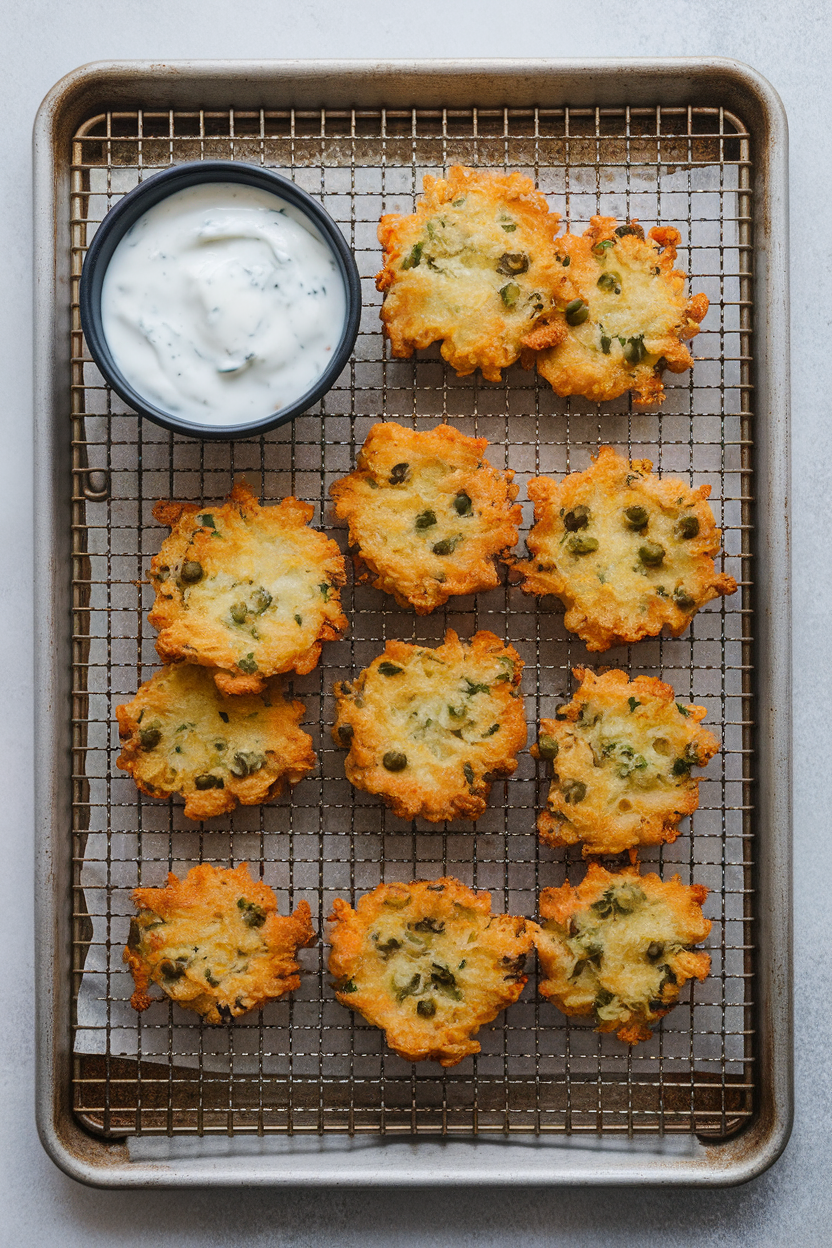 An indoor wire rack set over a sheet pan holding golden fritters studded with chickpeas, a small bowl of yogurt dip beside them. No text or logos. Photo, not illustration.