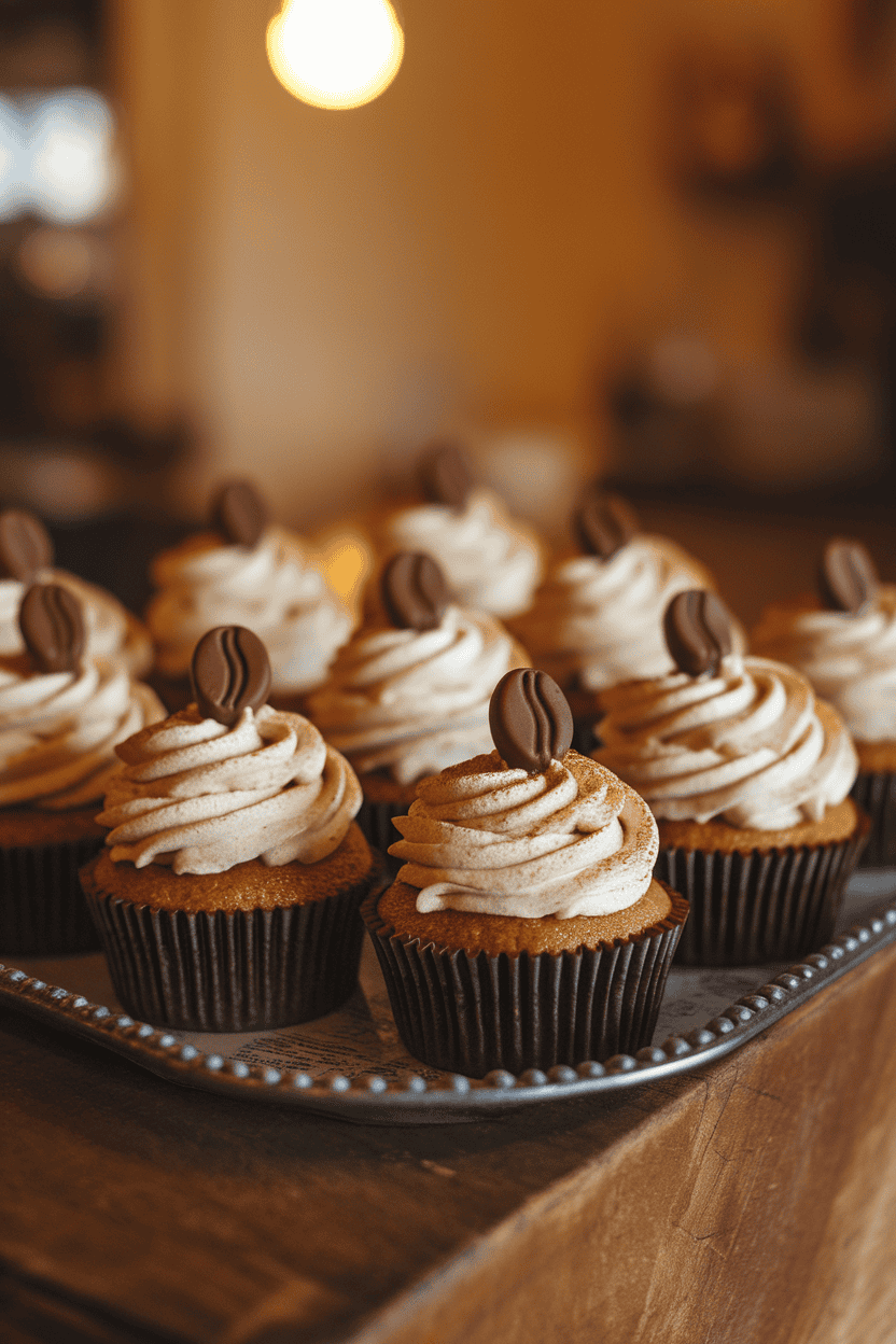 Indoor bakery tray of frosted cupcakes dusted with cinnamon, tiny chocolate “coffee beans” on top, warm café lighting. Photograph; no text or logos.