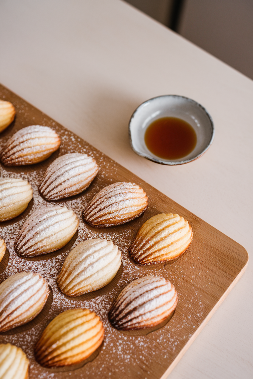 Indoor pastry board with shell-shaped madeleines dusted lightly with powdered sugar, a small bowl of maple syrup off to side. No text or logos. Photo only.