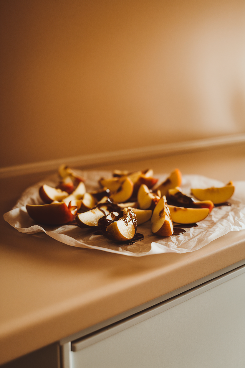 Warm indoor kitchen counter displaying black-tinted caramel-coated apple wedges on parchment, glistening under soft light. Photo, no text or logos.