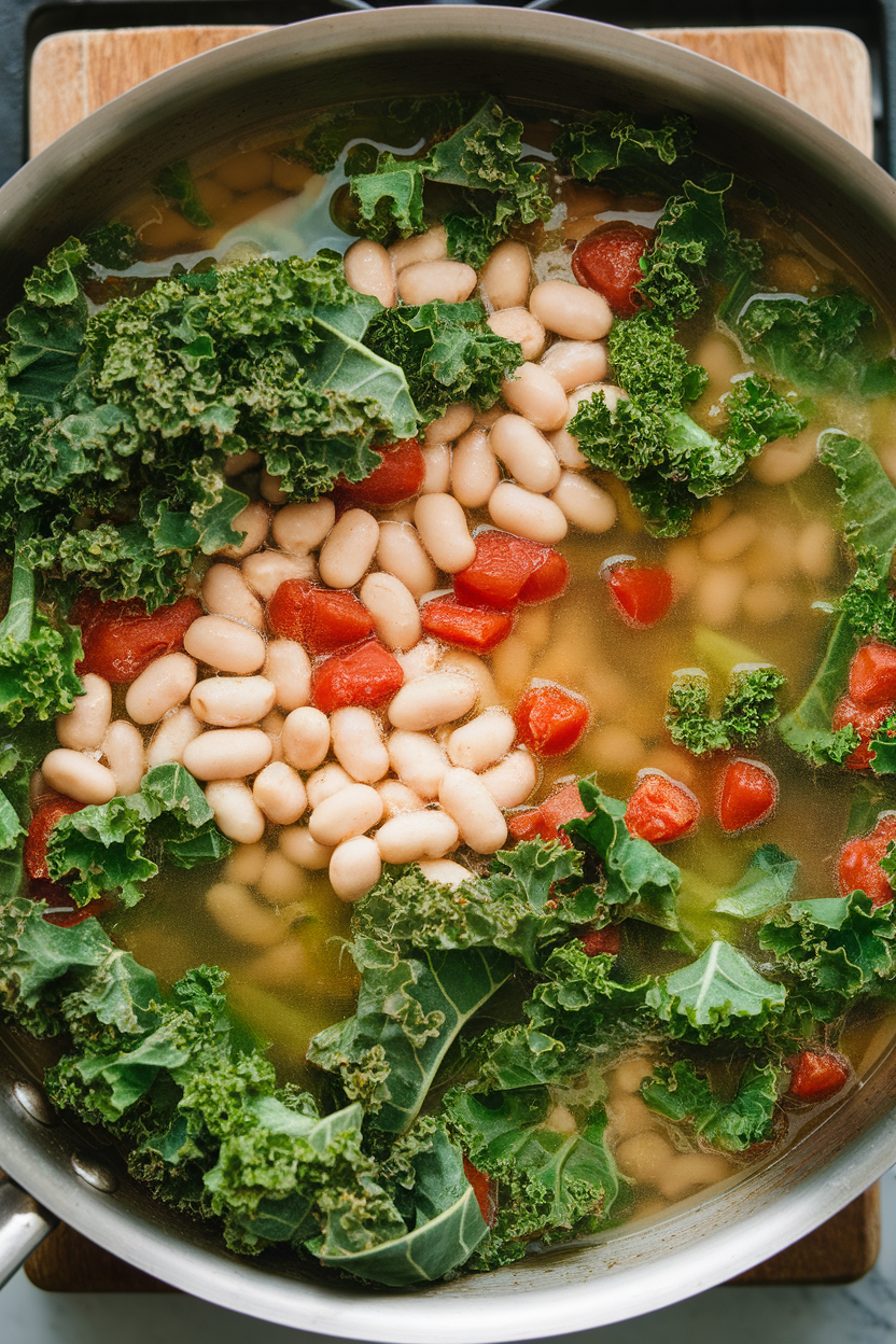A stovetop skillet filled with wilted kale, white beans, and diced tomatoes in a light broth; no logos in view.