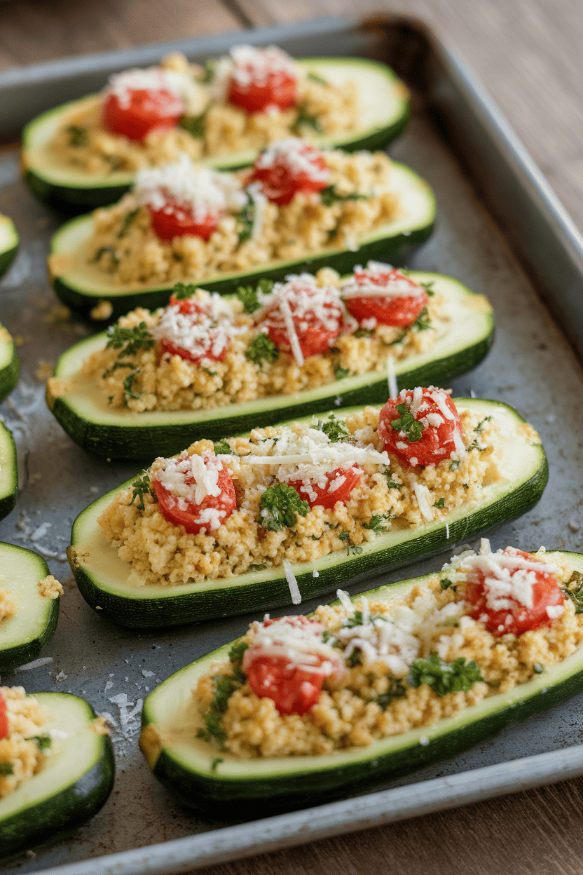 Indoor photo of zucchini halves filled with couscous, tomatoes, and herbs on a baking tray. No logos visible.