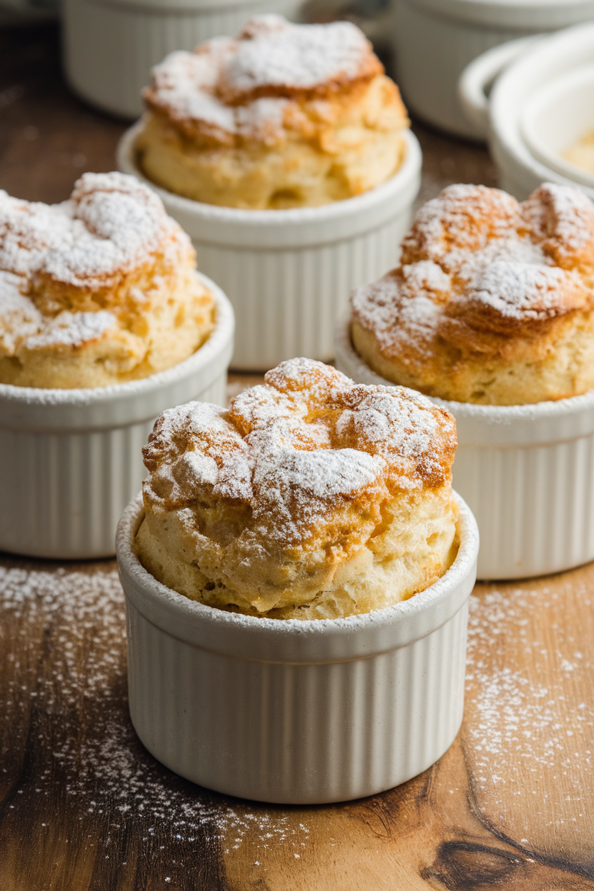 Indoor photo of tall ramekins with puffed bread pudding soufflés dusted with powdered sugar. No text or logos.