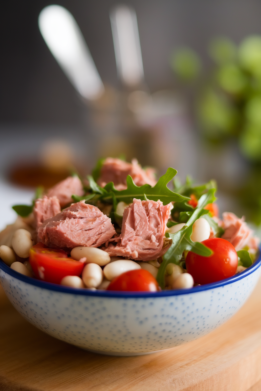 An indoor bowl featuring chunks of canned tuna, white beans, cherry tomatoes, and arugula tossed lightly in olive oil. No text or logos present.