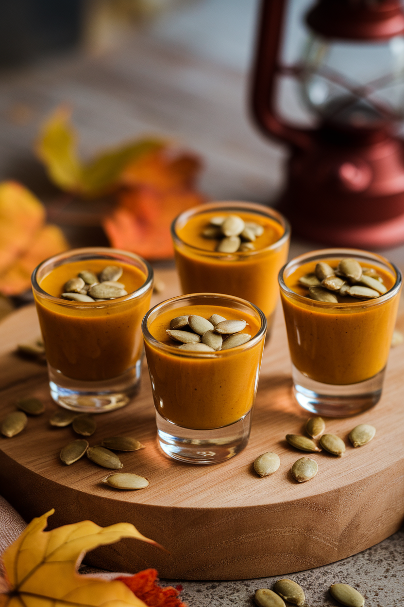 Tiny indoor shot glasses filled with velvety pumpkin soup, garnished with pumpkin seeds; no text or logos. Photo only.