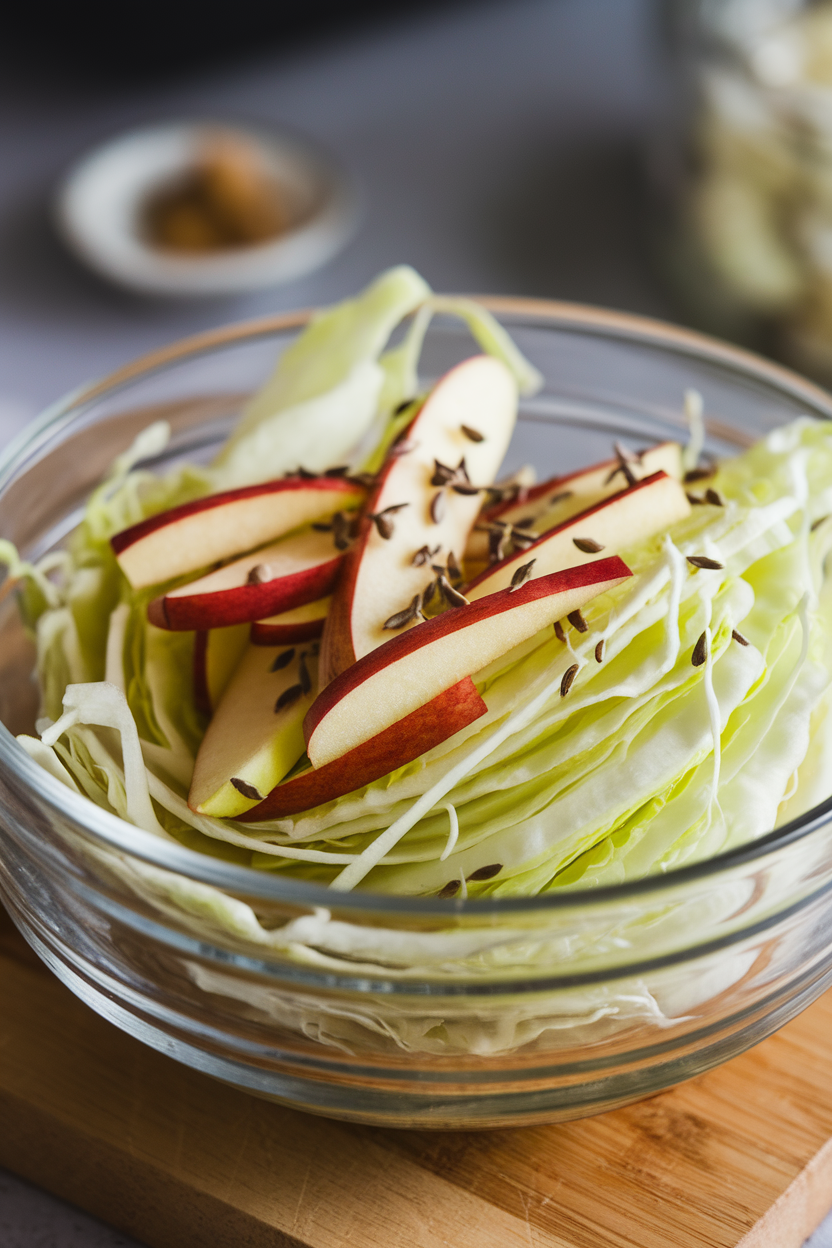 Indoor photo of thin Savoy cabbage ribbons and apple matchsticks sprinkled with caraway seeds in a glass bowl; soft lighting, no text or logos.