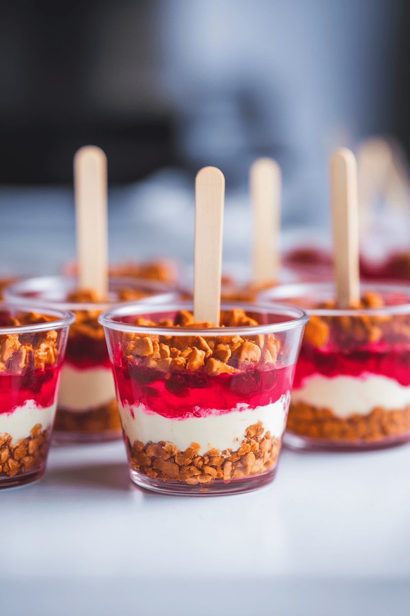 Indoor photo of small clear cups layered with crushed pretzel crust, cream cheese filling, and bright raspberry gelatin, no text or logos