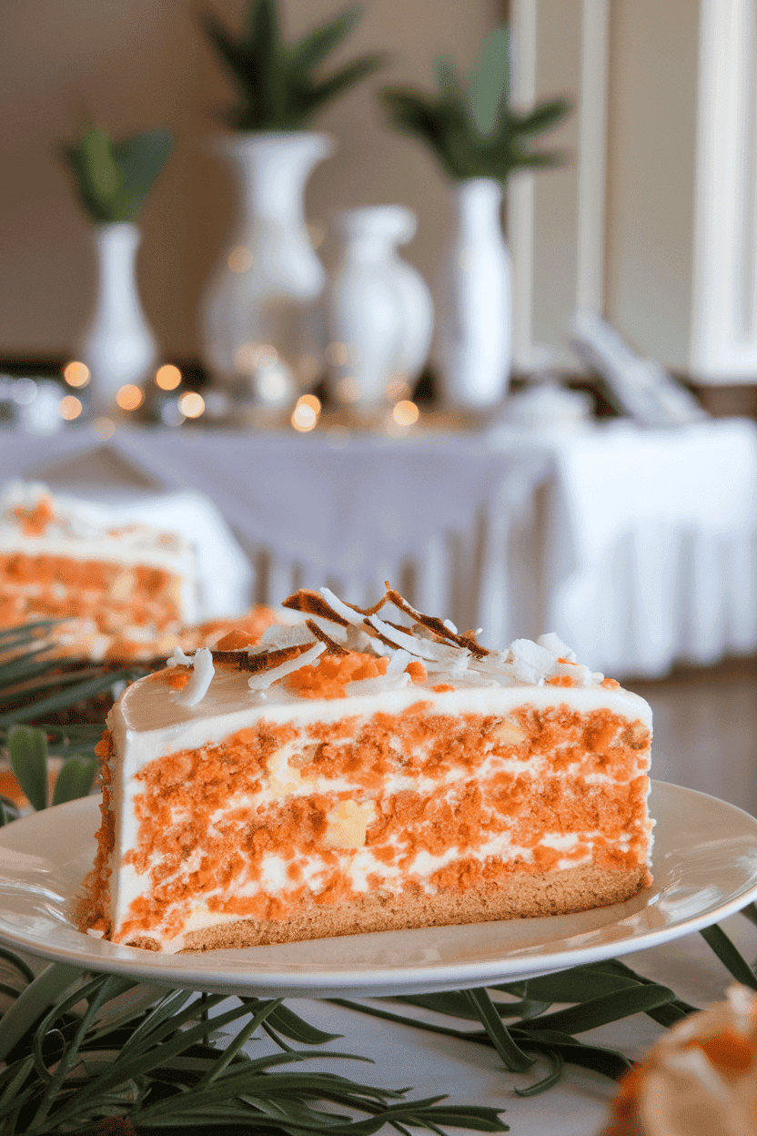 An indoor buffet with a frosted carrot cake slice showing flecks of carrot, crushed pineapple, and coconut, topped with a few toasted coconut shreds. No text or logos. Photo.