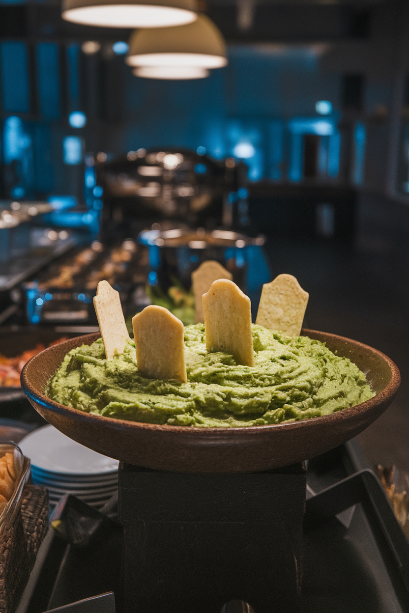 A dimly lit indoor buffet showing a wide shallow bowl of chunky green guacamole with tortilla chips shaped like tombstones stuck upright. Photo, no text or logos.