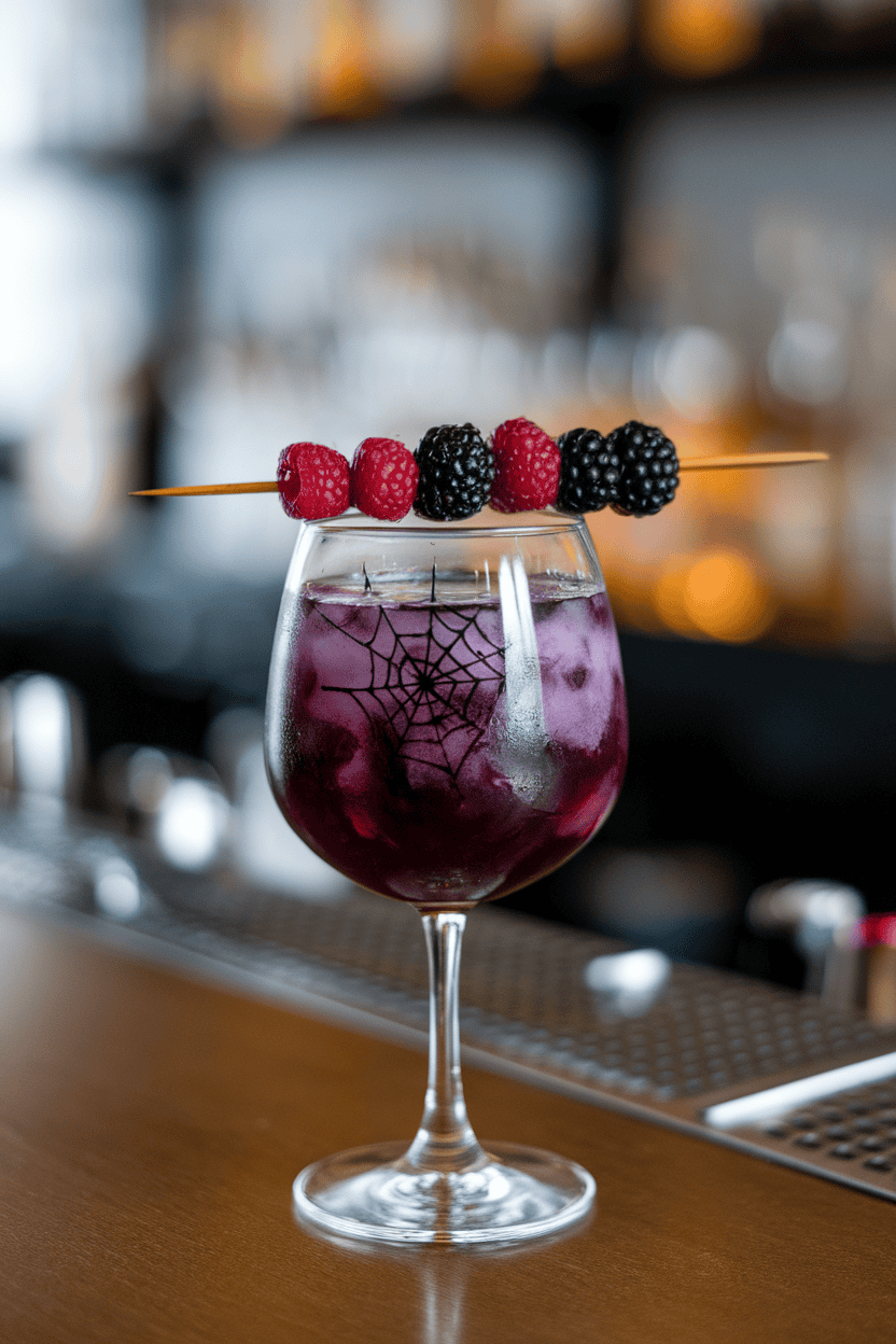 Indoor bar with a stemless wine glass of deep violet cocktail, fresh blackberry skewer balanced on top, faint spiderweb drawn in blackberry syrup on inside of glass; no text or logos, photo.