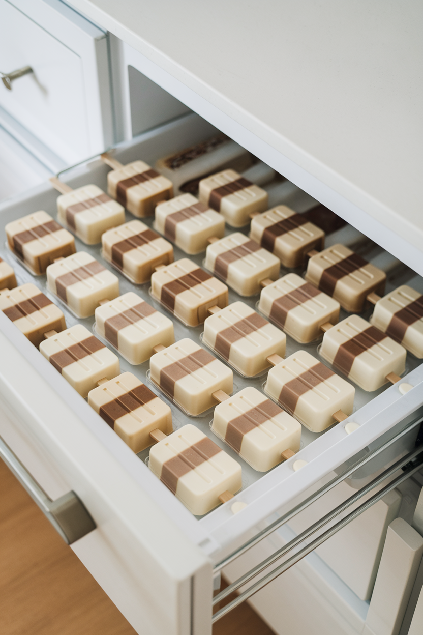 An indoor freezer drawer slightly open, revealing popsicles in molds layered with creamy orange and coffee-colored stripes. No text or logos.