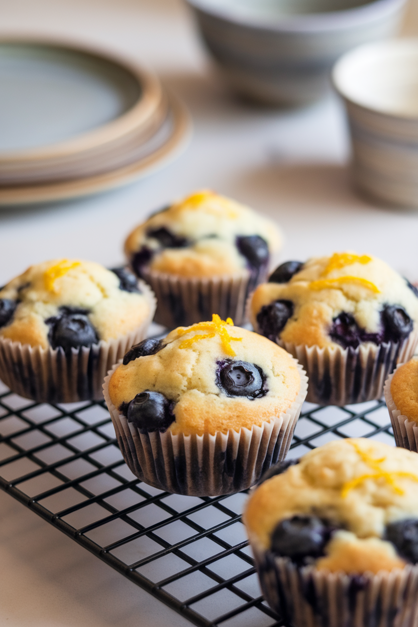 Photo of blueberry-studded muffins with lemon zest on top, cooling indoors on a rack. No text or logos visible.