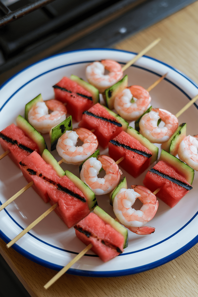 Photo of a plate indoors with alternating shrimp and watermelon cubes on skewers, grill marks visible, no text or logos.