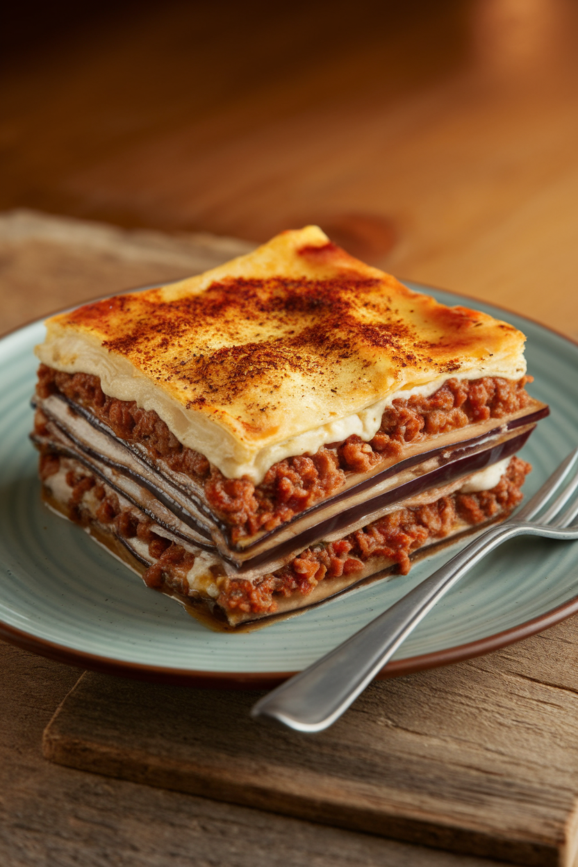 Indoor photo of a square of moussaka on a plate, layers of eggplant, spiced meat, and béchamel visible. Warm lighting, no text or logos.