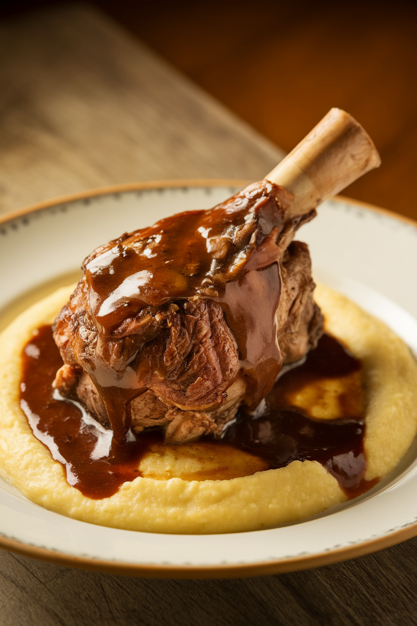 Indoor photo of a braised lamb shank perched on creamy polenta, braising juices spooned over top. Warm indoor lighting, no logos or text.