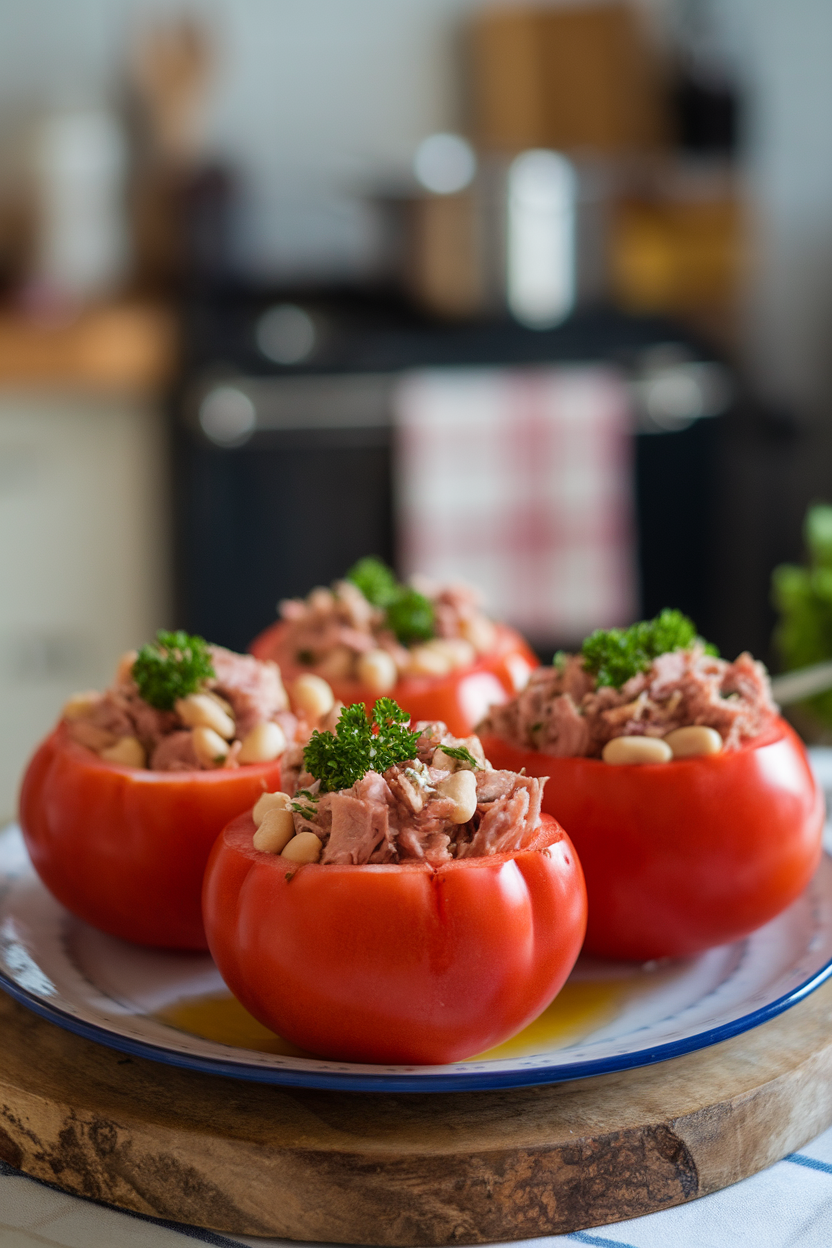 Indoor photo of large hollowed tomatoes filled with a mixture of tuna, cannellini beans, parsley, and olive oil, placed on a plate. No logos or text.