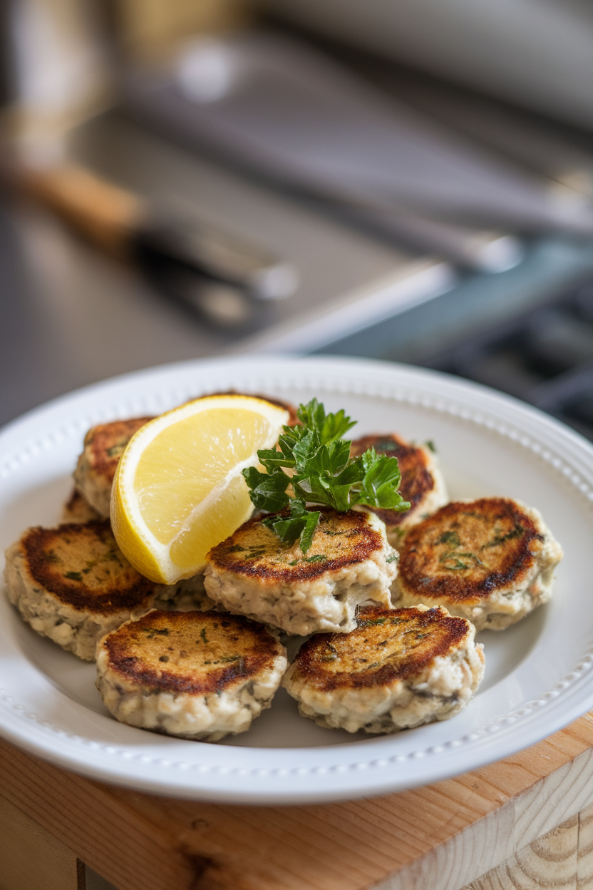 An indoor plate holding small, browned sardine patties with a lemon wedge and parsley garnish. No text or logos. Photo, not illustration.