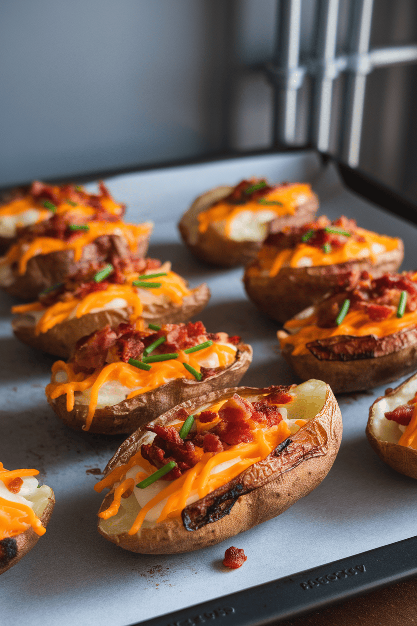 Photo of crispy potato skins filled with melted cheddar, bacon bits, and chives on an indoor baking sheet. No text or logos shown.