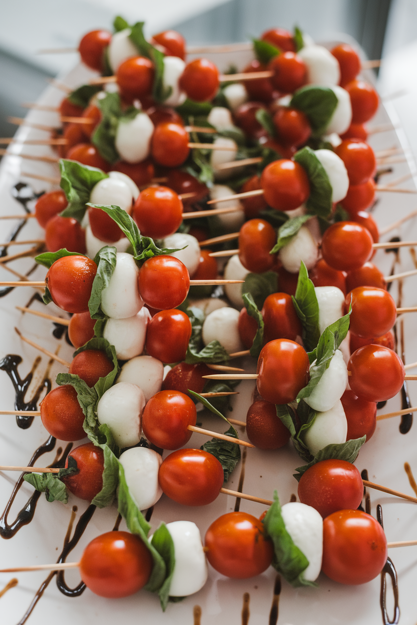 An indoor platter with mini skewers threaded with cherry tomatoes, bite-sized mozzarella, and basil leaves, lightly drizzled with balsamic glaze. No text or logos. Photo, not illustration.