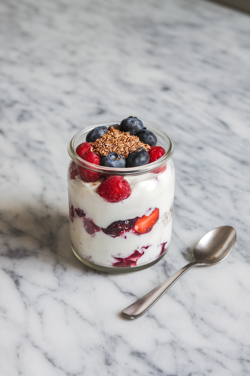 Indoor photo of a clear glass jar layered with thick Greek yogurt, mixed berries, and a sprinkle of ground flaxseed on top, placed on a marble countertop with a small spoon beside it. Soft diffused lighting, no text or logos.