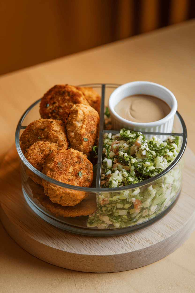 A photo of a glass container divided into sections for baked falafel patties, tabbouleh, and a small cup of tahini sauce. Warm indoor lighting, no text or logos.