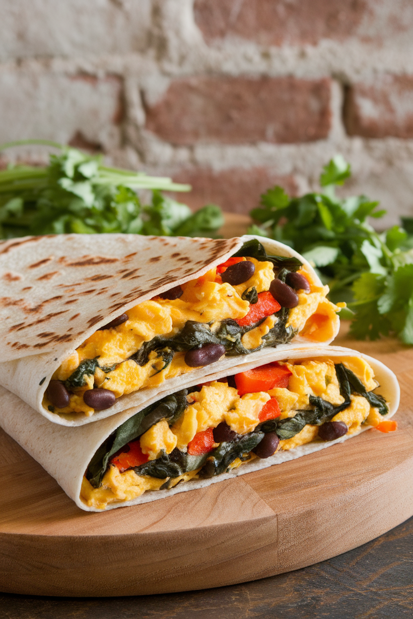 An indoor kitchen scene with a whole-wheat tortilla filled with scrambled egg whites, spinach, peppers, and black beans, folded and ready to eat. No text or logos; photo only.