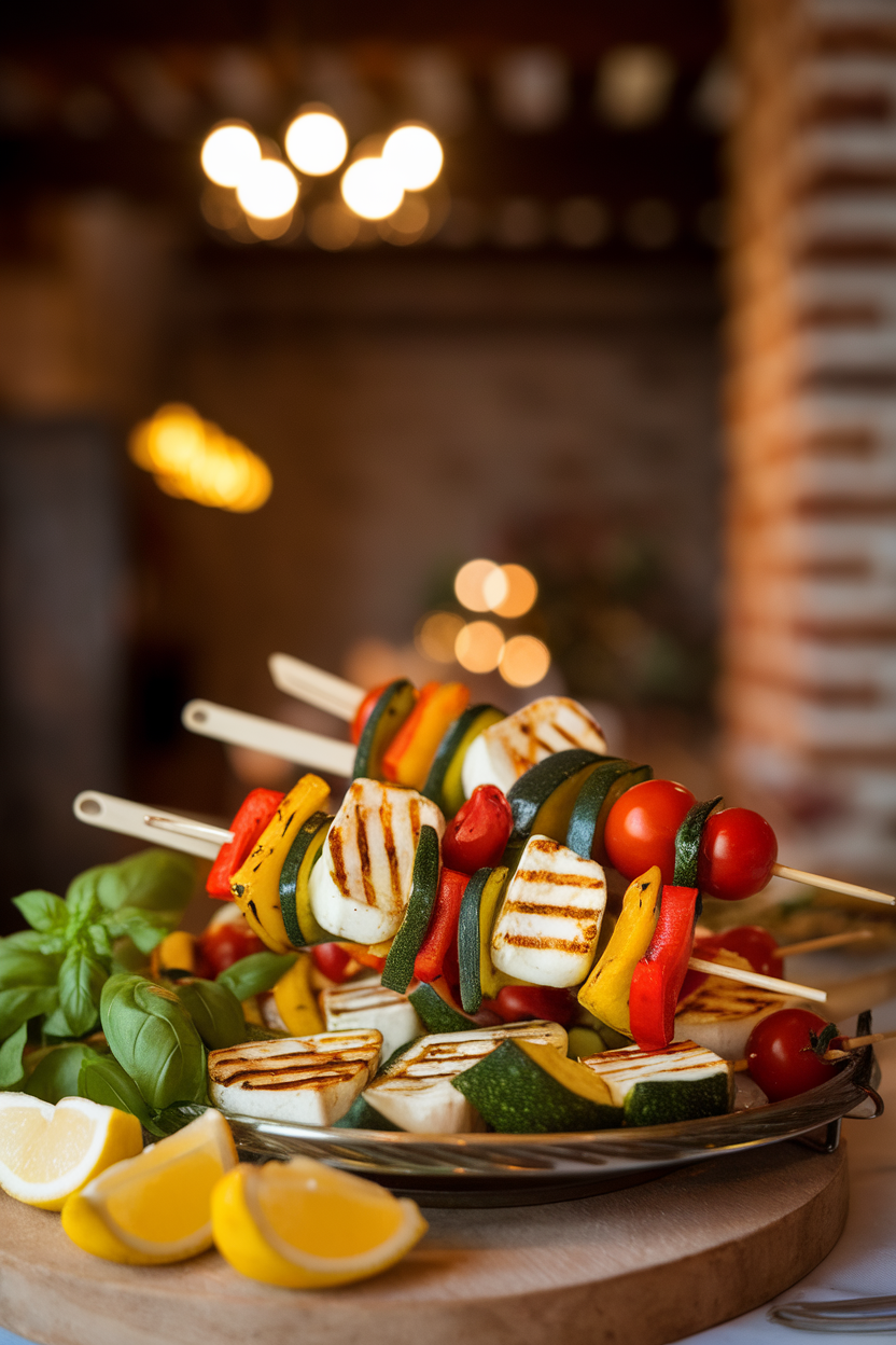 An indoor platter featuring skewers of grilled zucchini, bell peppers, cherry tomatoes, and halloumi cheese cubes; warm ambient lighting, no branding.