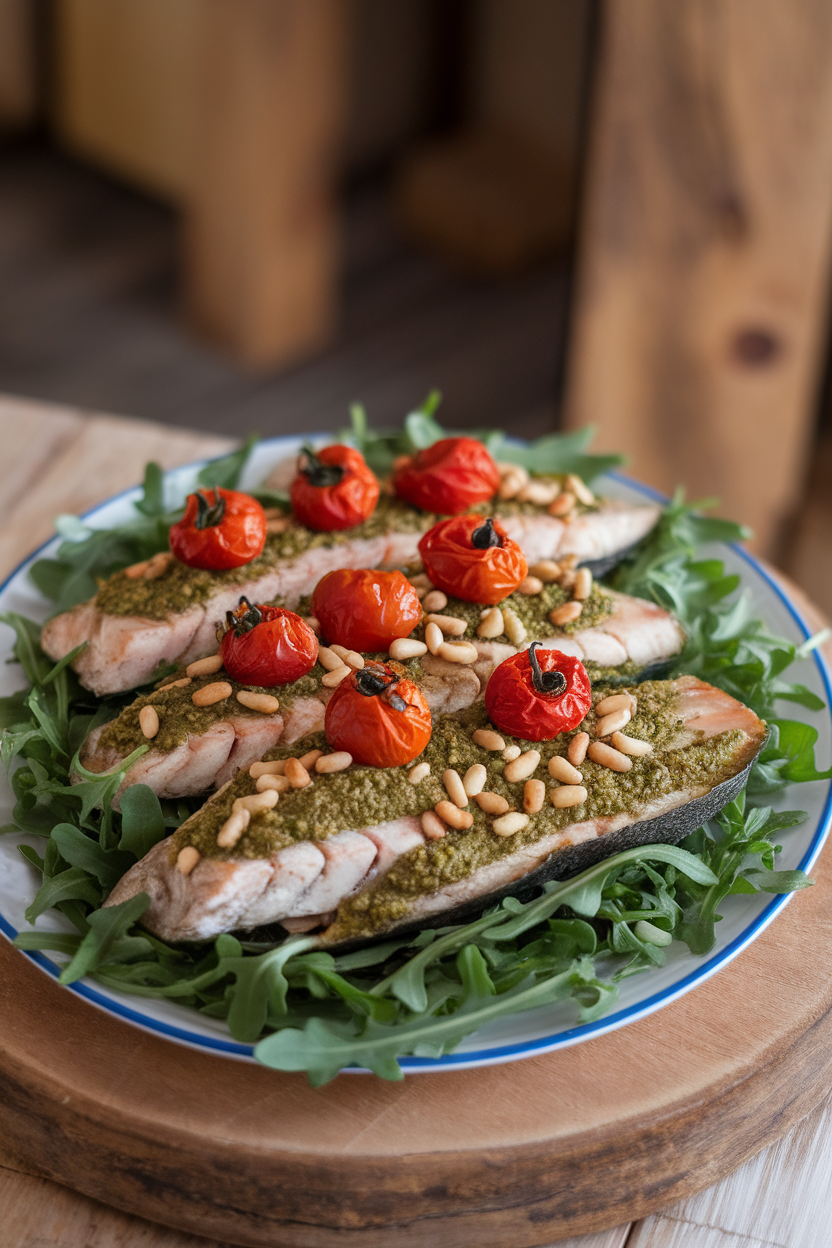 An indoor platter of cooked trout fillets brushed with green pesto, garnished with roasted cherry tomatoes. No text or brand marks; photography only.