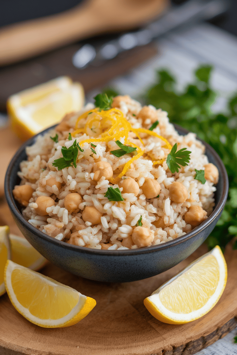 Indoor bowl featuring fluffy brown rice mixed with chickpeas, parsley, and lemon zest, no logos visible.
