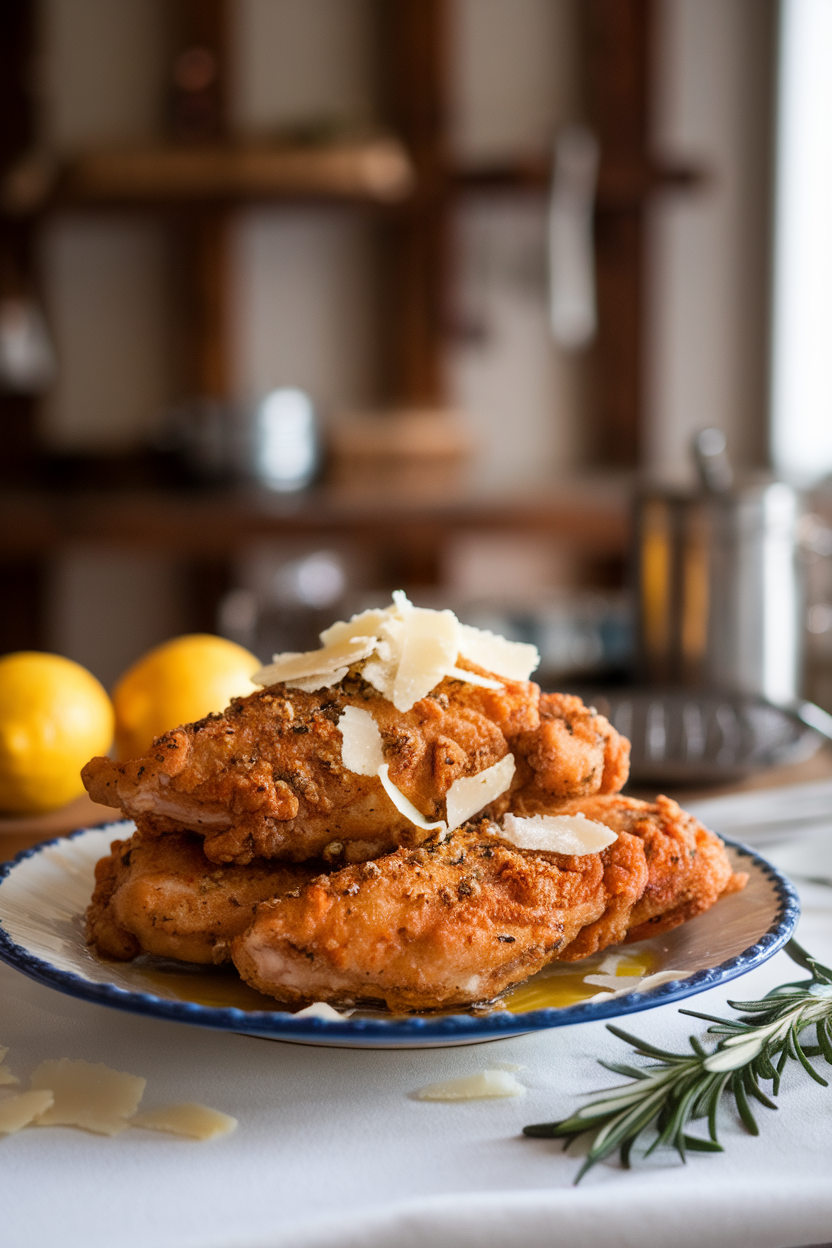 Indoor upscale table with fried chicken breasts sprinkled with shaved parmesan and drizzled lightly with truffle oil, photo only, no text or logos