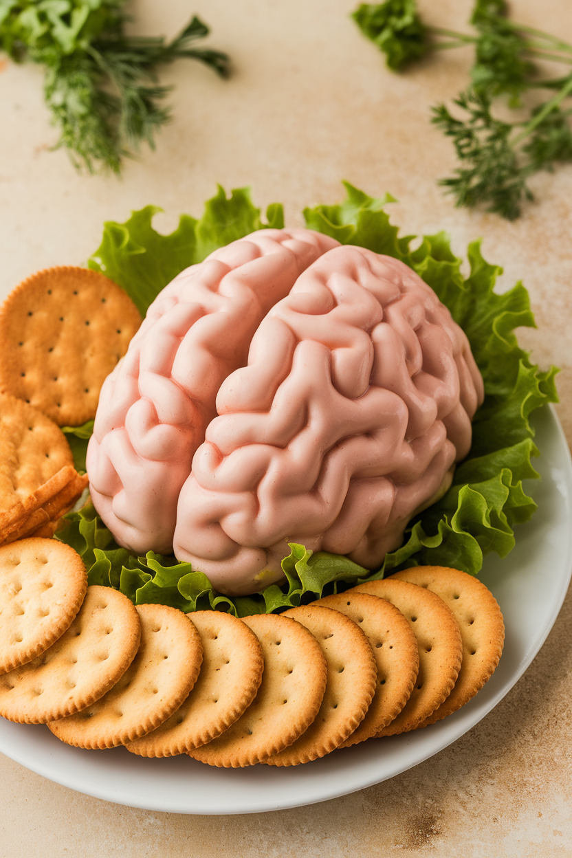 Photo of pimento cheese molded in a brain jelly mold, served with round crackers indoors. No text or logos.