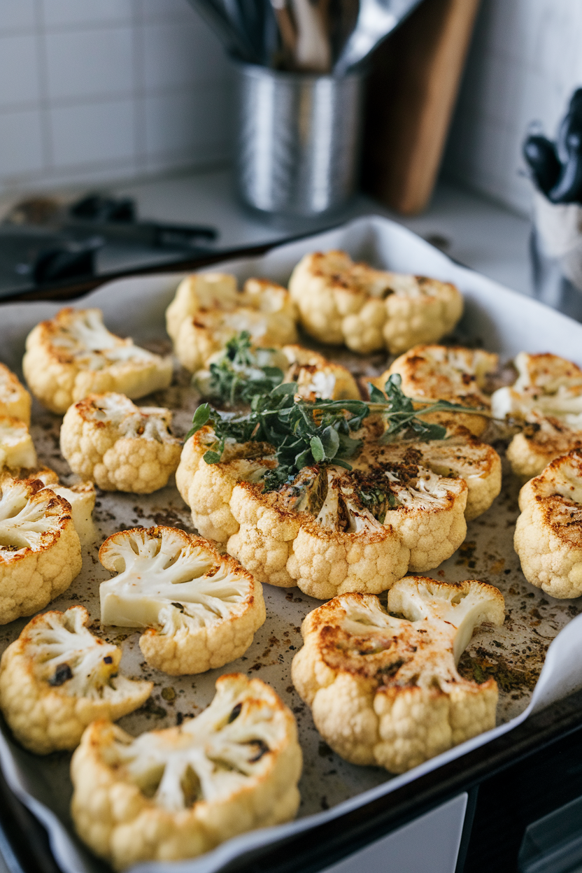 Baking sheet of roasted cauliflower steaks with herb garnish, indoor kitchen. No text or logos. Photo.
