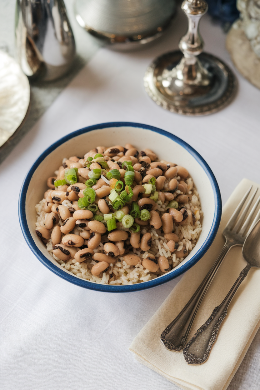 Indoor table setting featuring a bowl of black-eyed peas mixed with rice and sprinkled with chopped scallions, no text or logos. Photo.